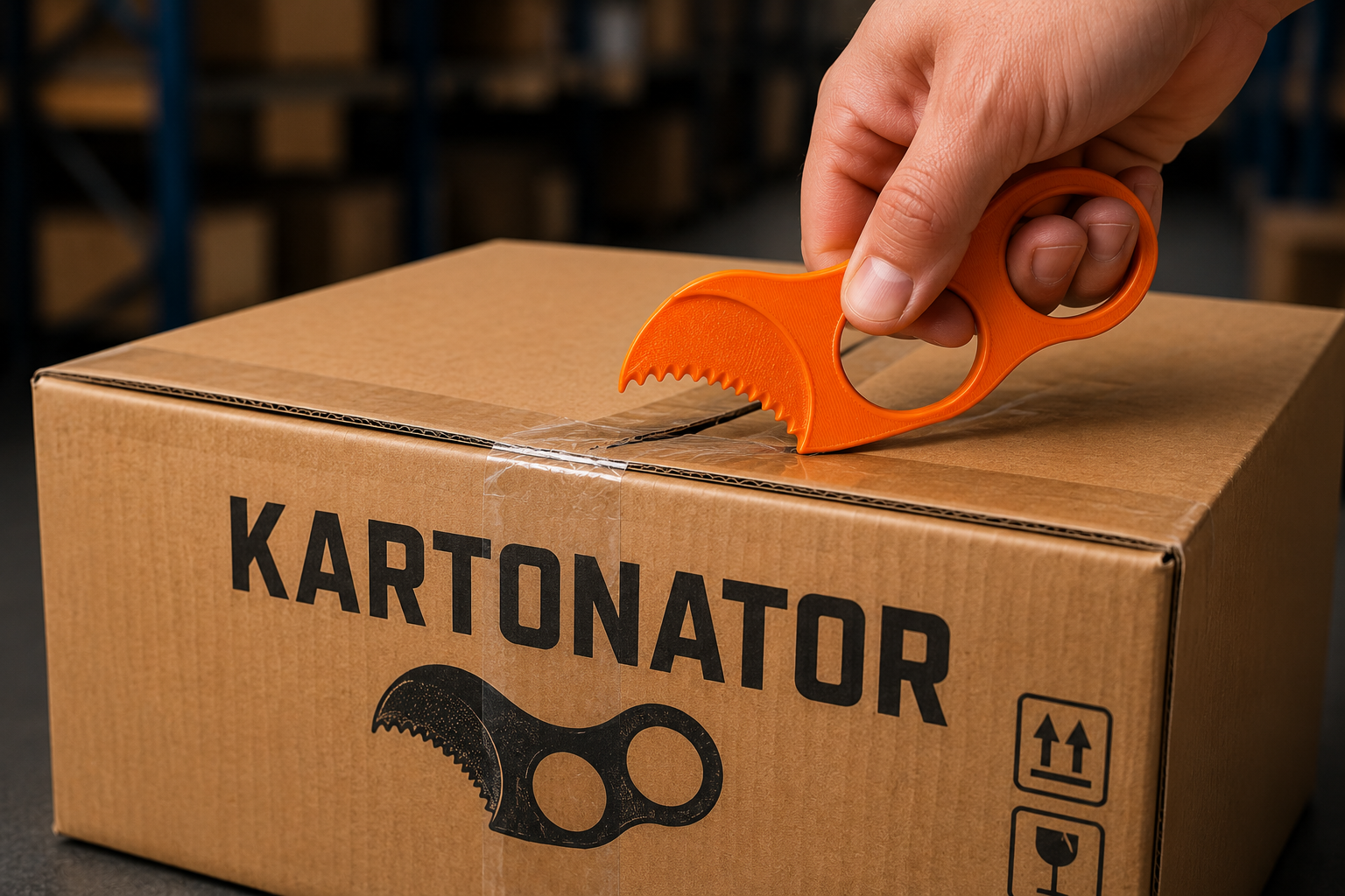KARTONATOR schneidet das Klebeband eines Pakets auf